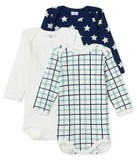 L/S Bodysuit 3pk | White/Navy Star/Check