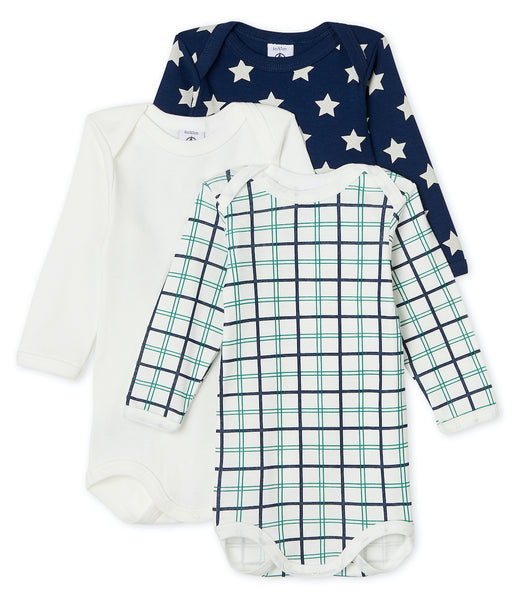L/S Bodysuit 3pk | White/Navy Star/Check